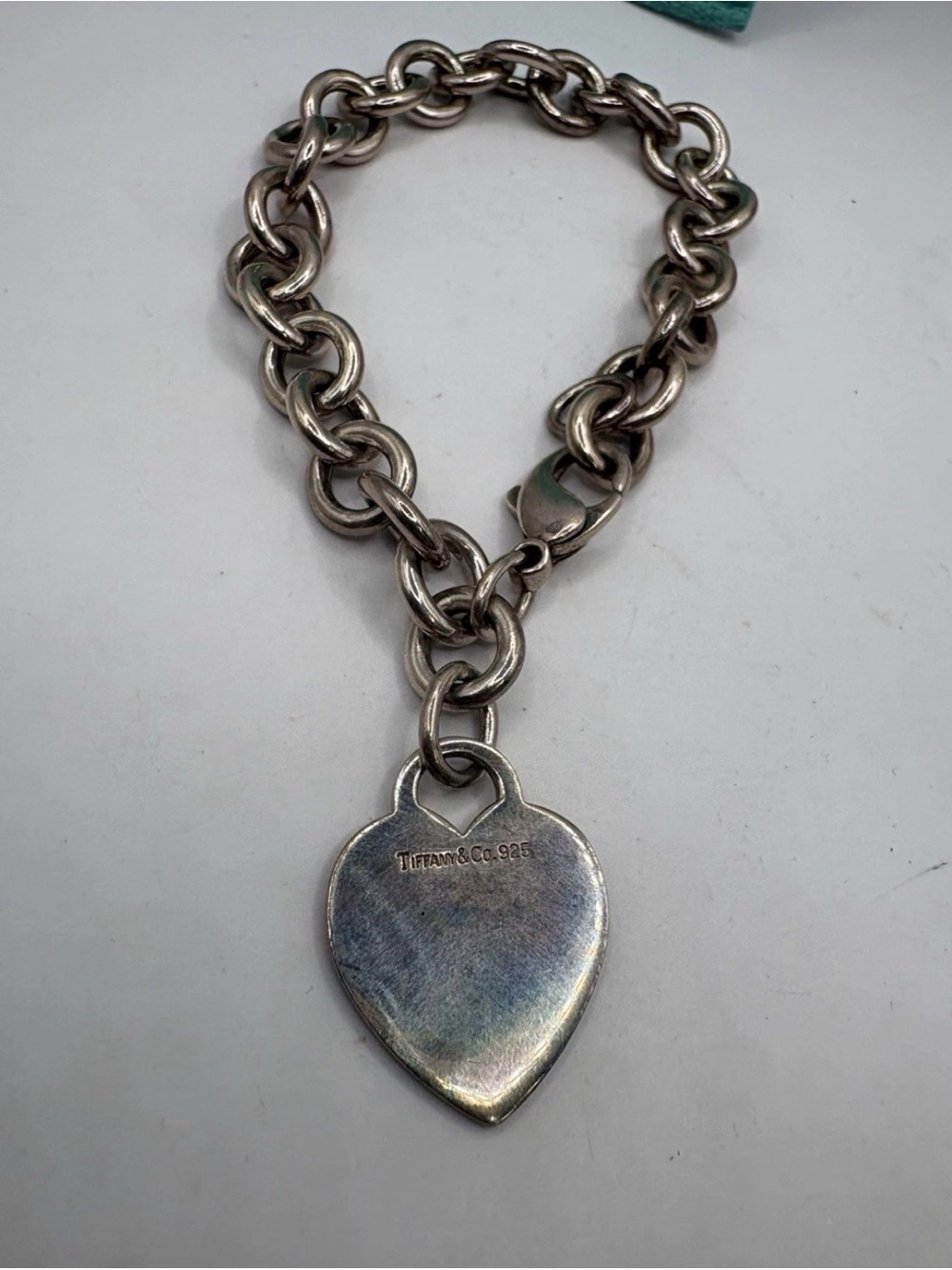Authentic Tiffany & Co Sterling Silver Heart Tag Link Bracelet - Silver size 7.5